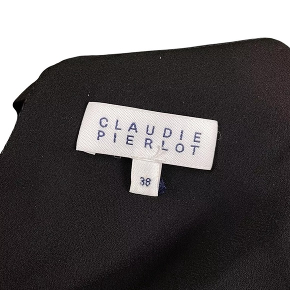 Claudie Pierlot Babydoll Pleated Crepe Lace Trim Tie Dress Black Size 38 US 6 - Picture 7 of 9